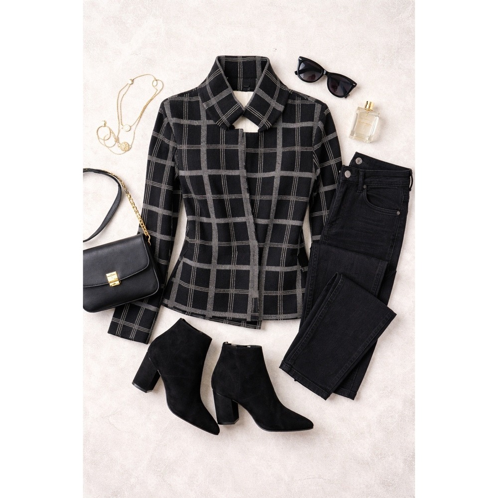 MOTH by‎ Anthropologie Plaid Collarless Black White Women's Knit Blazer Size L